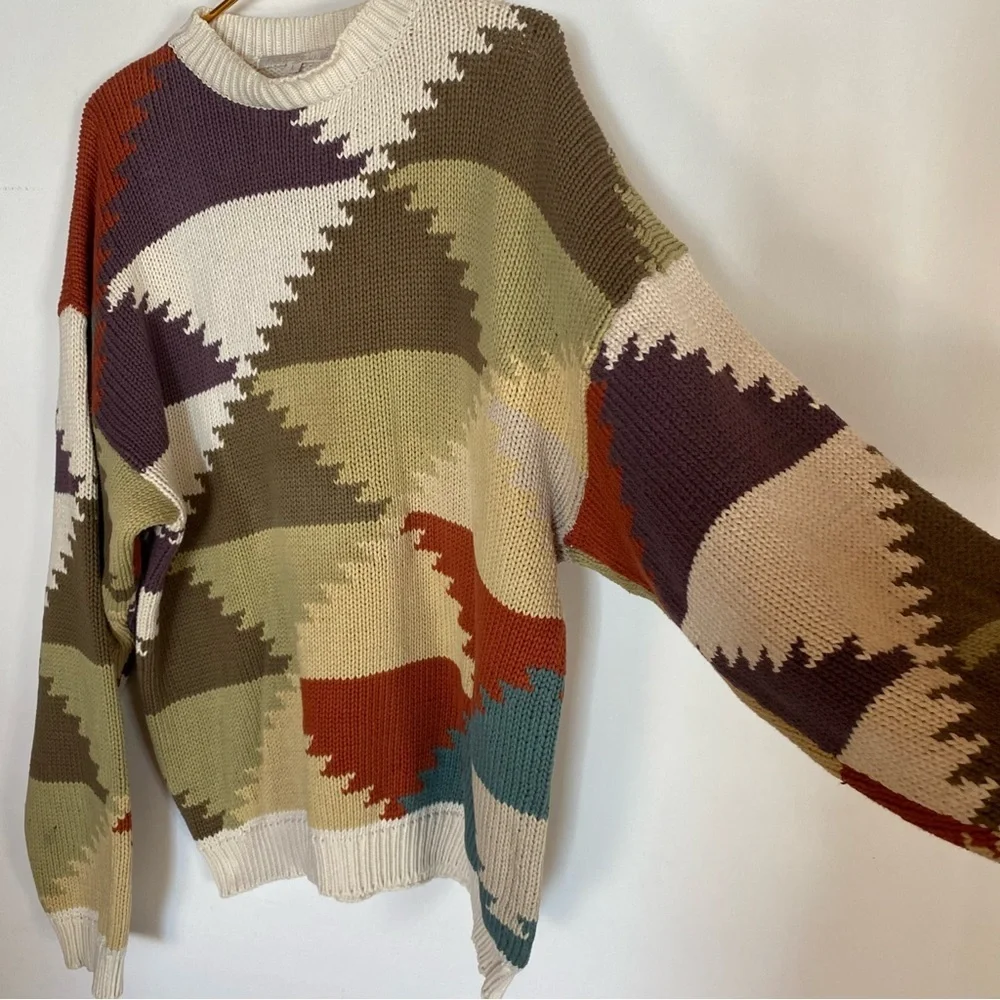 Vtg Perry Ellis knit Grandpa Sweater Geometric Triangle Colorful Mens size L